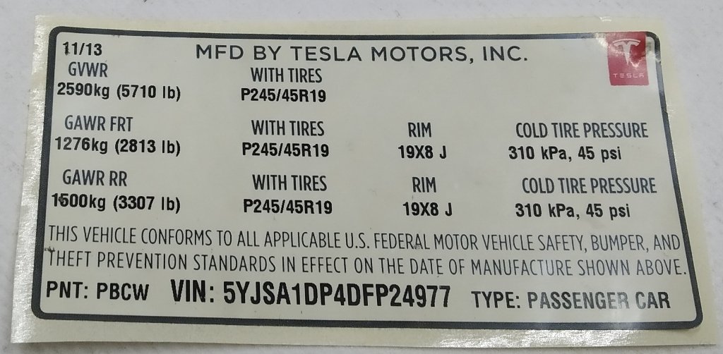 4 LBL,BLANK MFG CERTIFICATION Tesla model S P85 1462927-00-C