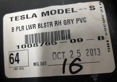Acabamento do pilar B inferior direito PVC CINZA danificado Tesla modelo S 1024631-09-C