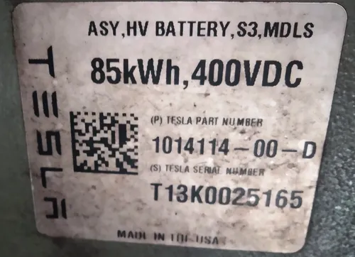 Main battery module (model S 85 kWh) S3 5.2 kWh 232 Ah 24 V(nominal) tipe "18650" Tesla model S 1014114-00-D