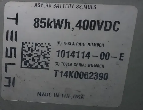S3 주 배터리 모듈(BMB 보드 없음, 산화의 경미한 흔적) Tesla 모델 S 1014114-00-E