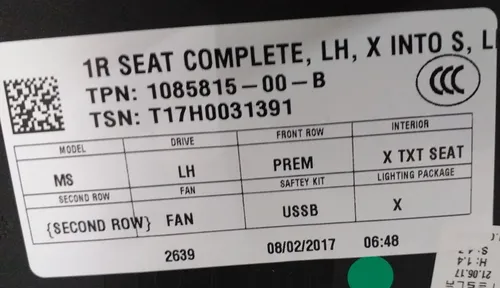 1085815-00-BZ運転席アセンブリ（位置メモリ付き、エアバッグなし）X TXTシート（GEN 3）テスラモデルS REST 1105947-02-B