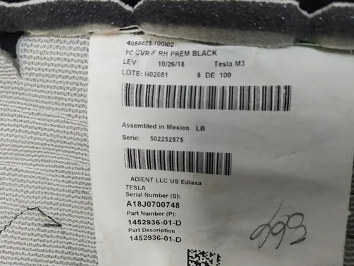 Rivestimento inferiore sedile passeggero riscaldato PREM NERO (usato) Tesla Model 3, Model Y 1920674-01-A
